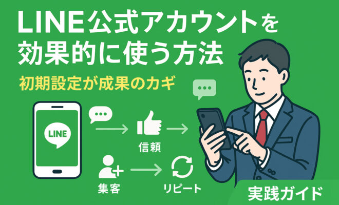 スーツ姿の男性がスマホを操作しながら、LINE公式アカウントの「集客→信頼→リピート」活用ステップが描かれたイラスト