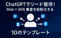ChatGPTでリード獲得を促すイメージ画像。中央にユーザーアイコンがあり、SNSやWebアイコンへ矢印が伸びているデザイン。テキスト「Web×SNS 集客を自動化する 10のテンプレート」が表示されている。