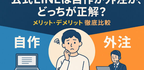 公式LINEは自作か外注かを迷う人向けの比較イメージ。自作と外注を左右に分け、中央に悩む人物を配置したイラスト。