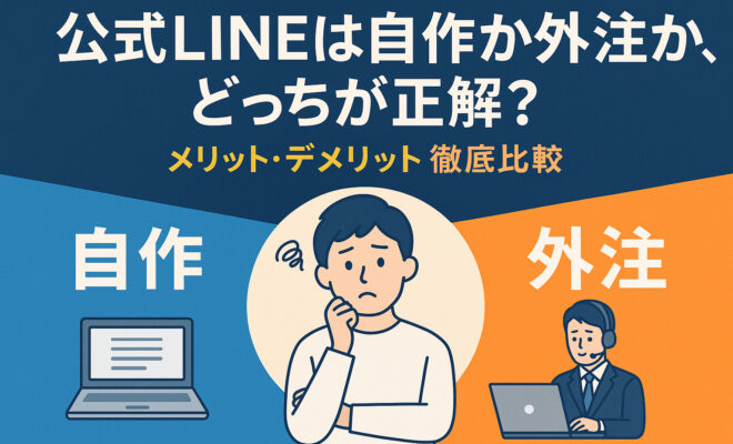 公式LINEは自作か外注かを迷う人向けの比較イメージ。自作と外注を左右に分け、中央に悩む人物を配置したイラスト。