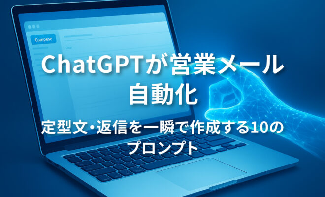 ノートPCの画面にメール画面が表示され、AIの光の手がサポートするイメージ。ChatGPTによる営業メール自動化を象徴したビジュアル。