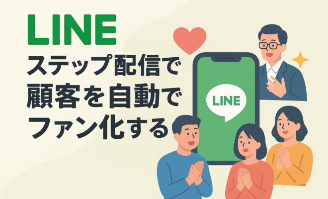LINEのステップ配信で顧客を自動でファン化するイメージイラスト。スマートフォン画面のLINEアイコンを囲んで喜ぶ人々。